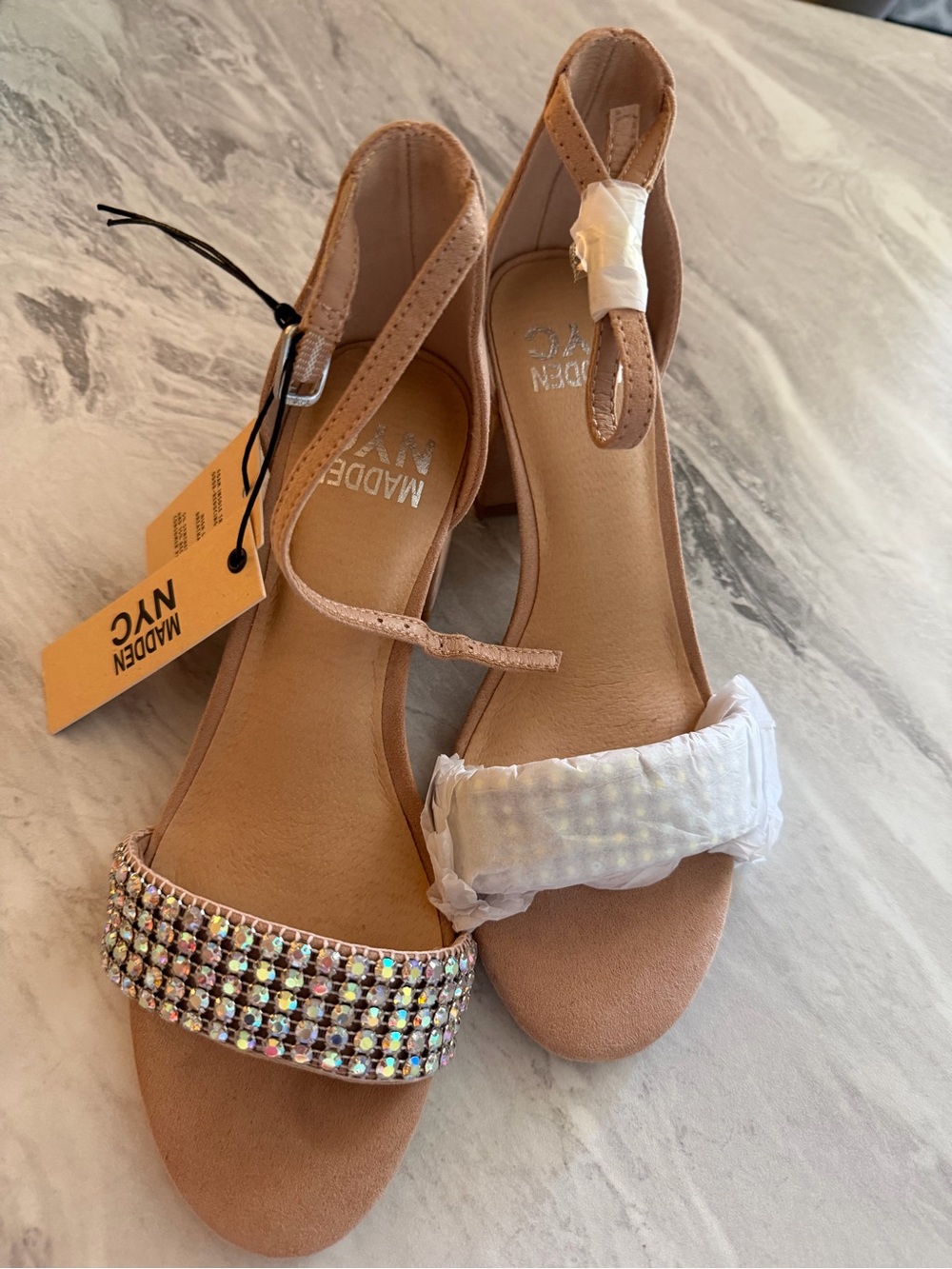 Madden NYC Tan Crystal Ankle-Strap Heels